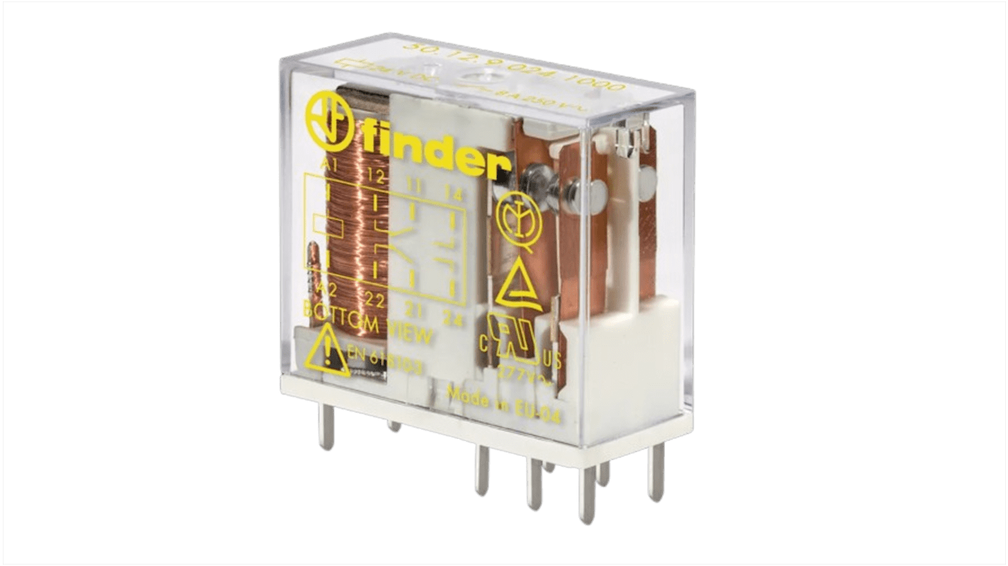 Finder PCB Mount Force Guided Relay, 24V dc Coil Voltage, 2 Pole, DPDT