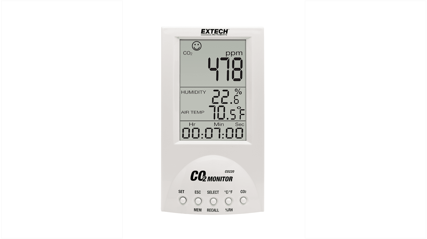 Extech CO220 Air Quality Monitor for CO2, Humidity, Temperature, +60°C Max, 99.9%RH Max, AC Adapter-Powered