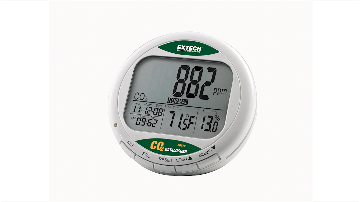 Extech CO210 Air Quality Monitor for CO2, Humidity, Temperature, +60°C Max, 99.9%RH Max, AC Adapter-Powered