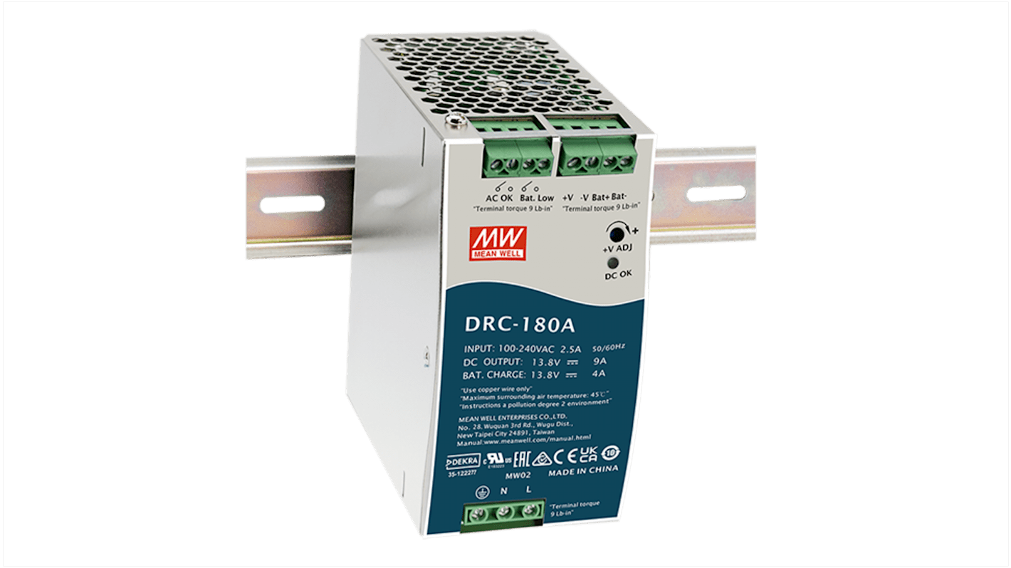 MEAN WELL DRC-180 DIN Rail Power Supply, 90 → 264V ac ac, dc Input, 13.8V dc dc Output, 9A Output, 179.4W