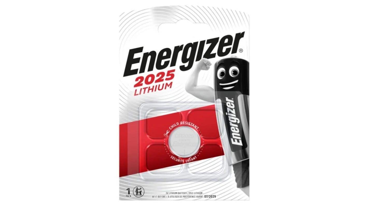 Energizer CR2025 Button Battery, 3V, 20mm Diameter
