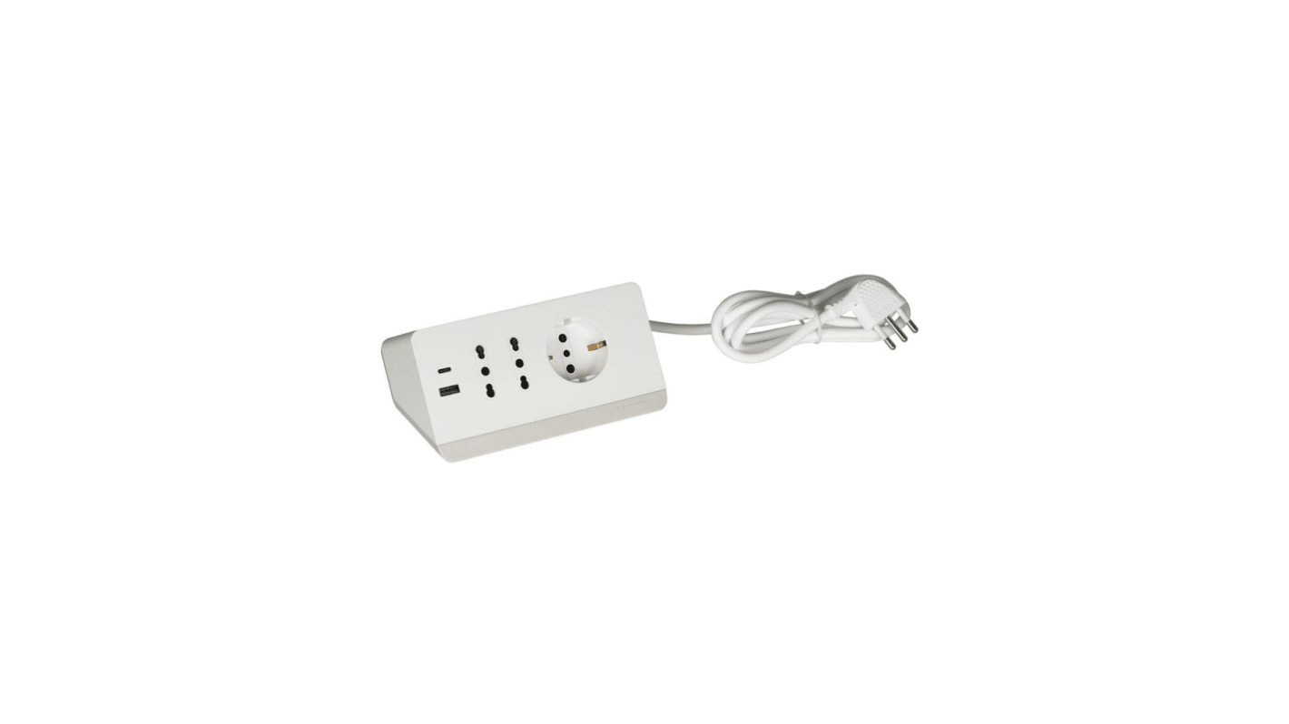 Bticino 2m 5 Socket 2P+T, German P30, USB A, USB-C Extension Socket, 250 V ac