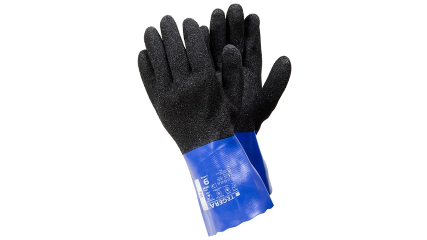 Tegera TEGERA Black, Blue Nylon Chemical Resistant Work Gloves, Size 9, PVC Coating