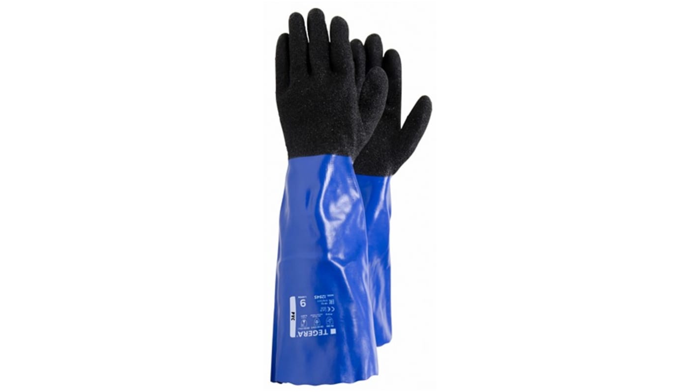 Tegera TEGERA Black, Blue Nylon Chemical Resistant Work Gloves, Size 9, PVC Coating