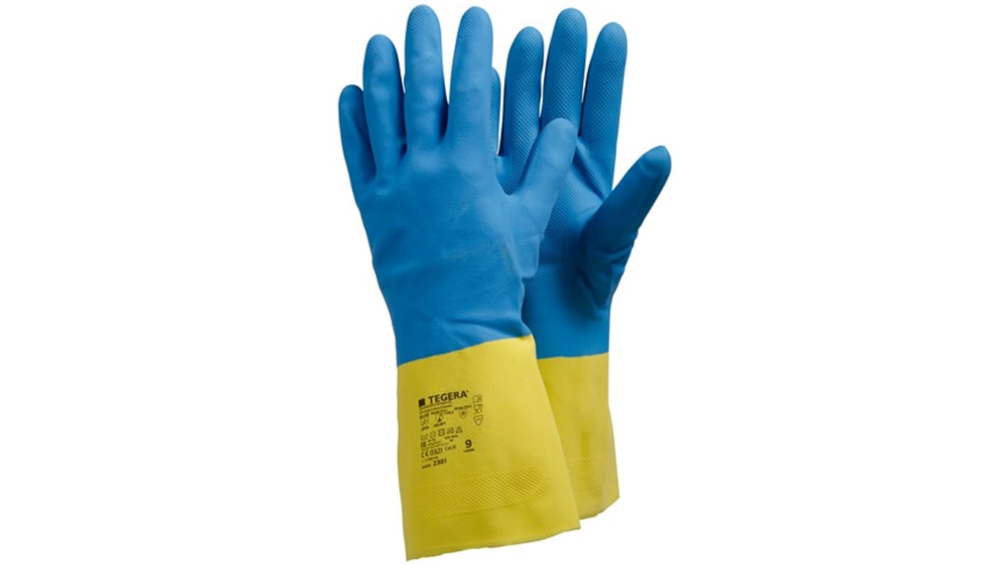Tegera TEGERA Blue, Yellow Latex, Neoprene Chemical Resistant Work Gloves, Size 8