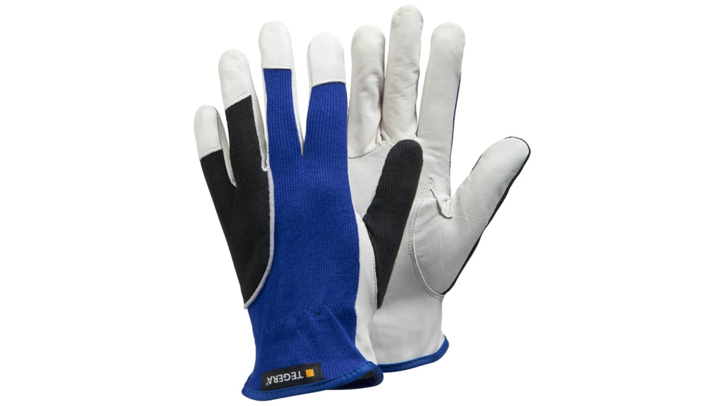 Tegera TEGERA Black, Blue, White Cotton, Leather Dry Environment Work Gloves, Size 9