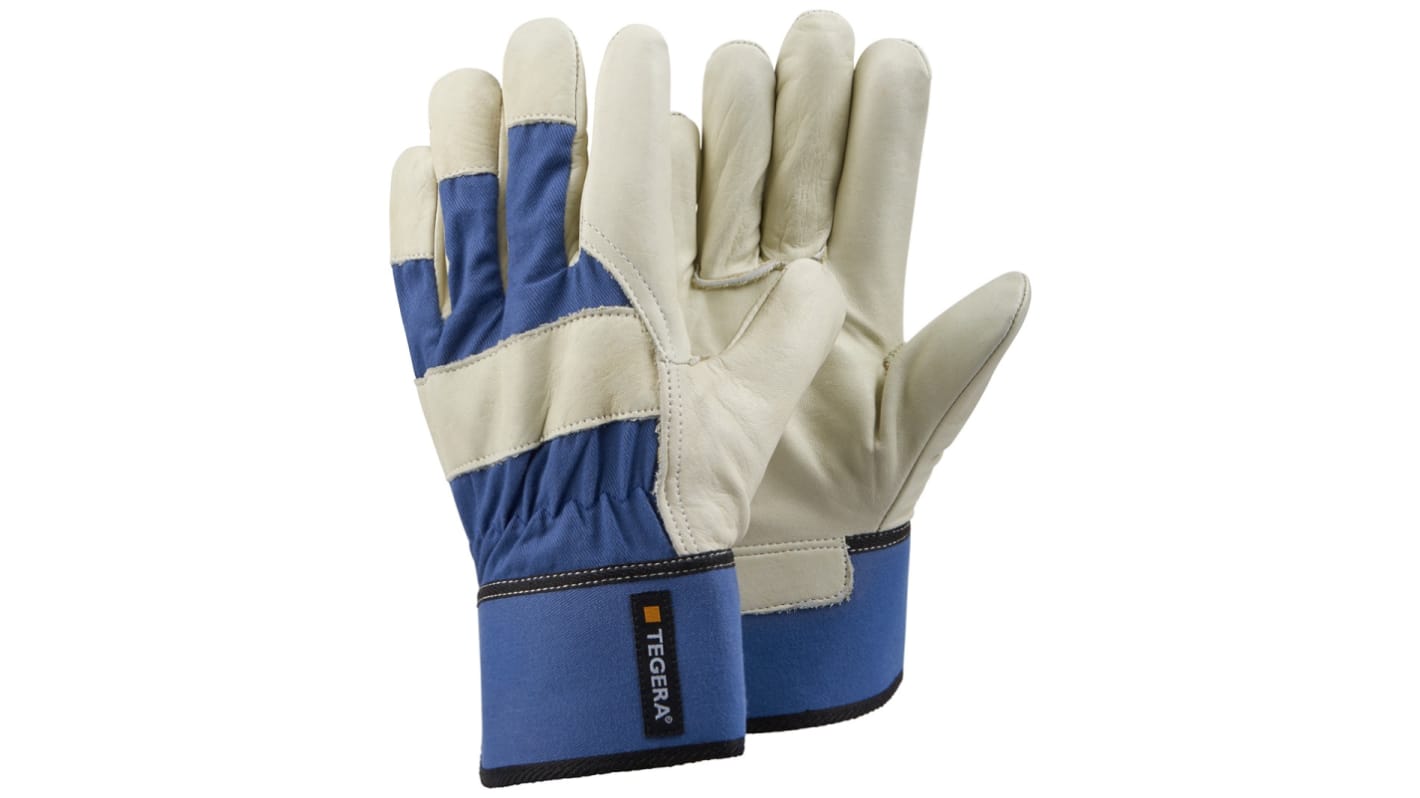 Tegera TEGERA Beige, Blue Cotton, Leather Abrasion Resistant Work Gloves, Size 12