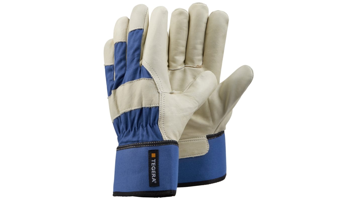Tegera TEGERA Beige, Blue Cotton, Leather Abrasion Resistant Work Gloves, Size 11