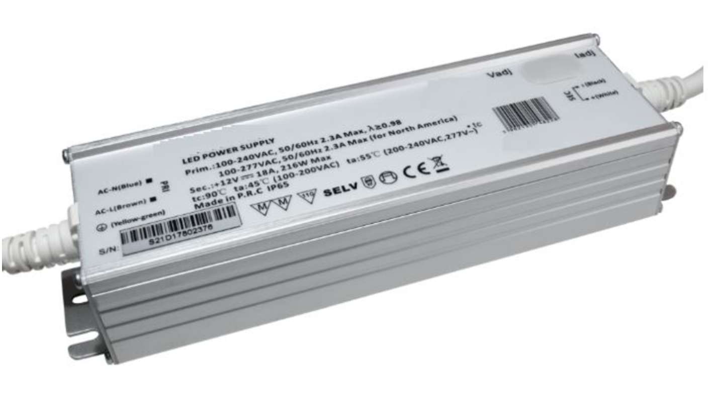 Sterownik LED napięcie wyjciowe: 12V 18A napięcie wejściowe: 90 - 305 V AC stabilizowany napięciowo 216W RS PRO