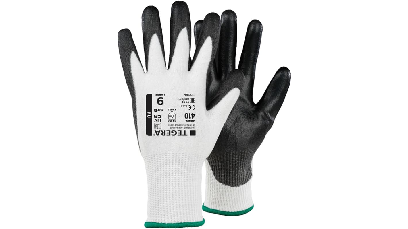 Tegera TEGERA Black, White HPPE, Nylon, Polyester, Spandex Cut Resistant Work Gloves, Size 7, Polyurethane Coating