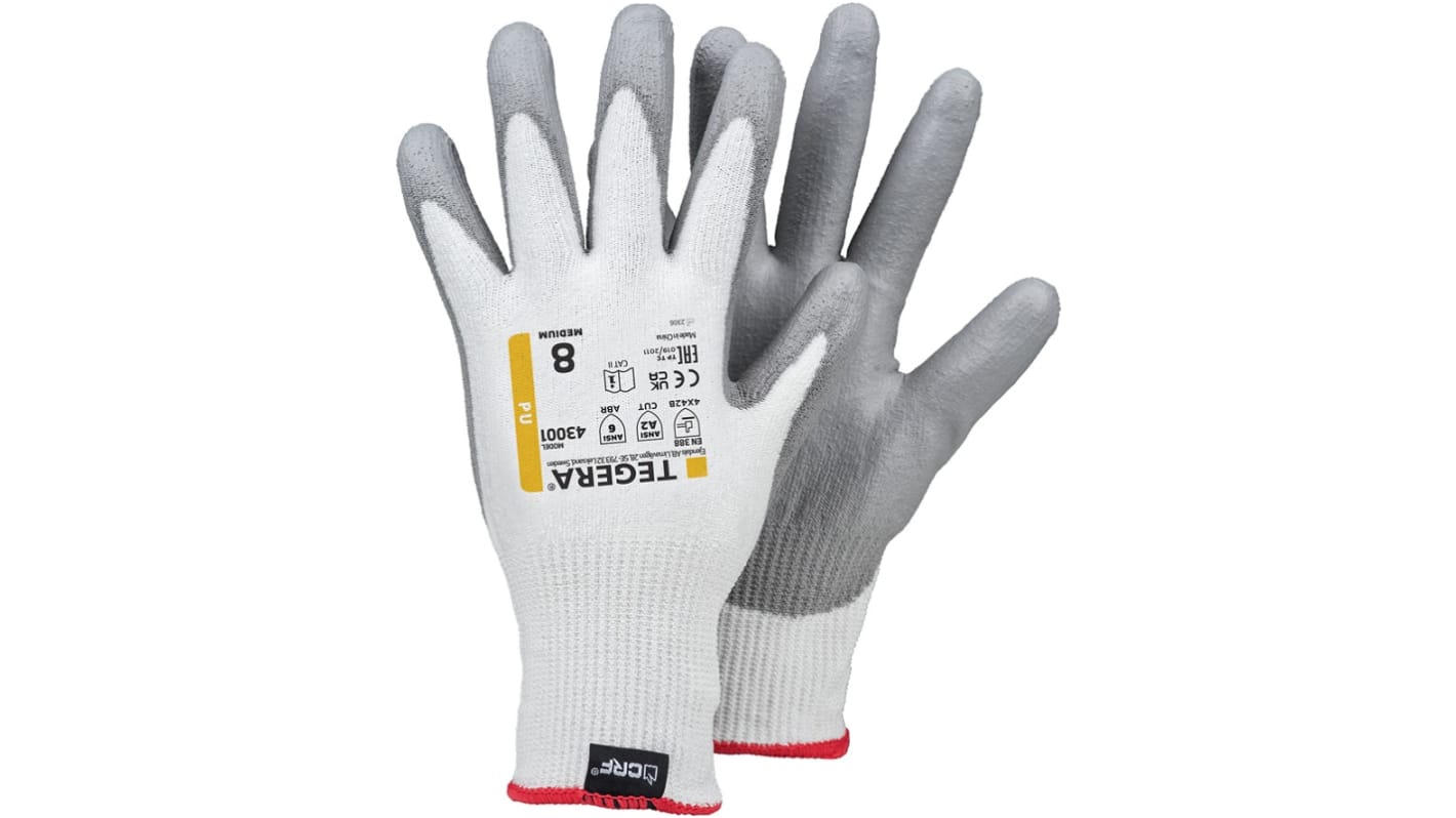 Tegera TEGERA Grey, White HPPE, Nylon, Spandex Cut Resistant Work Gloves, Size 10, Polyurethane Coating