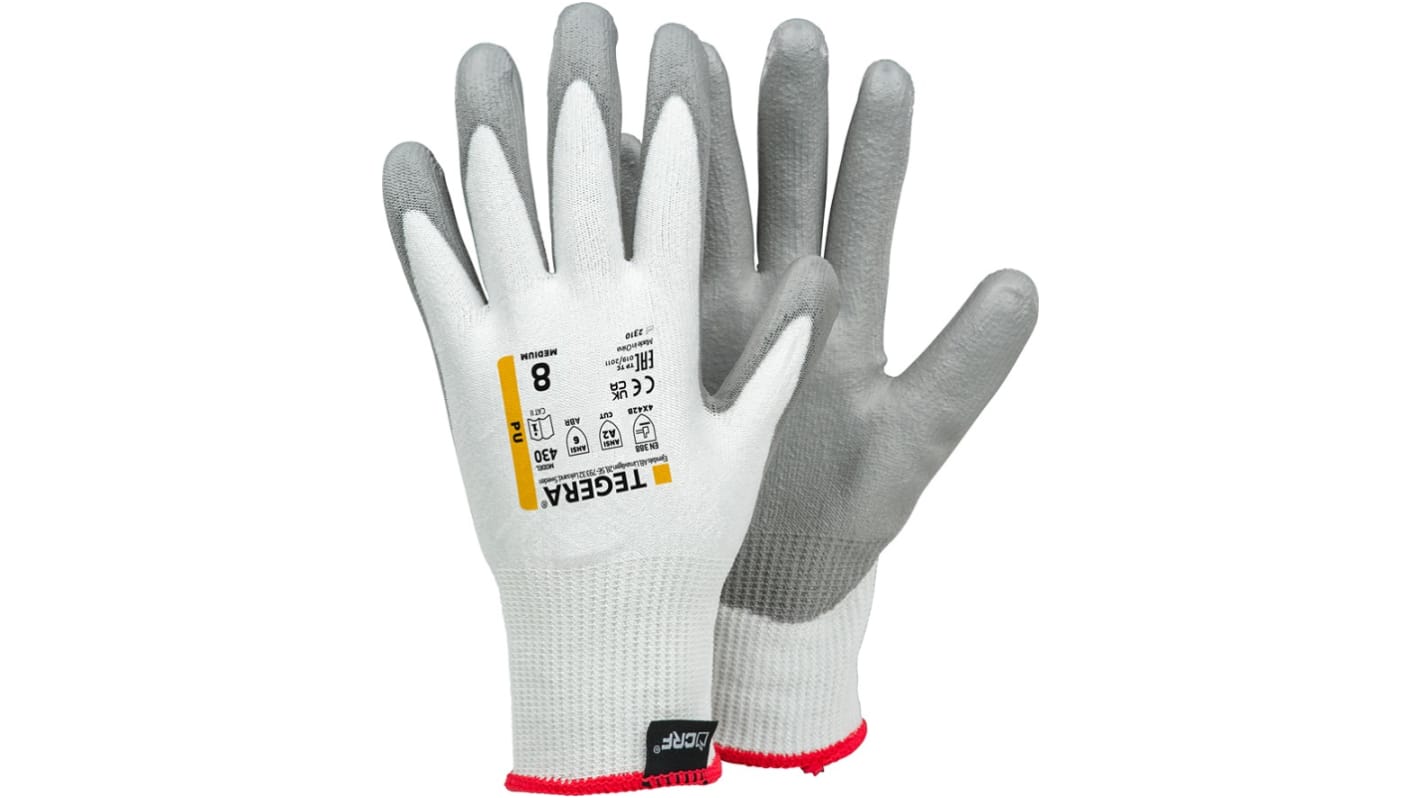 Tegera TEGERA Grey, White HPPE, Nylon, Spandex Cut Resistant Work Gloves, Size 6, Polyurethane Coating