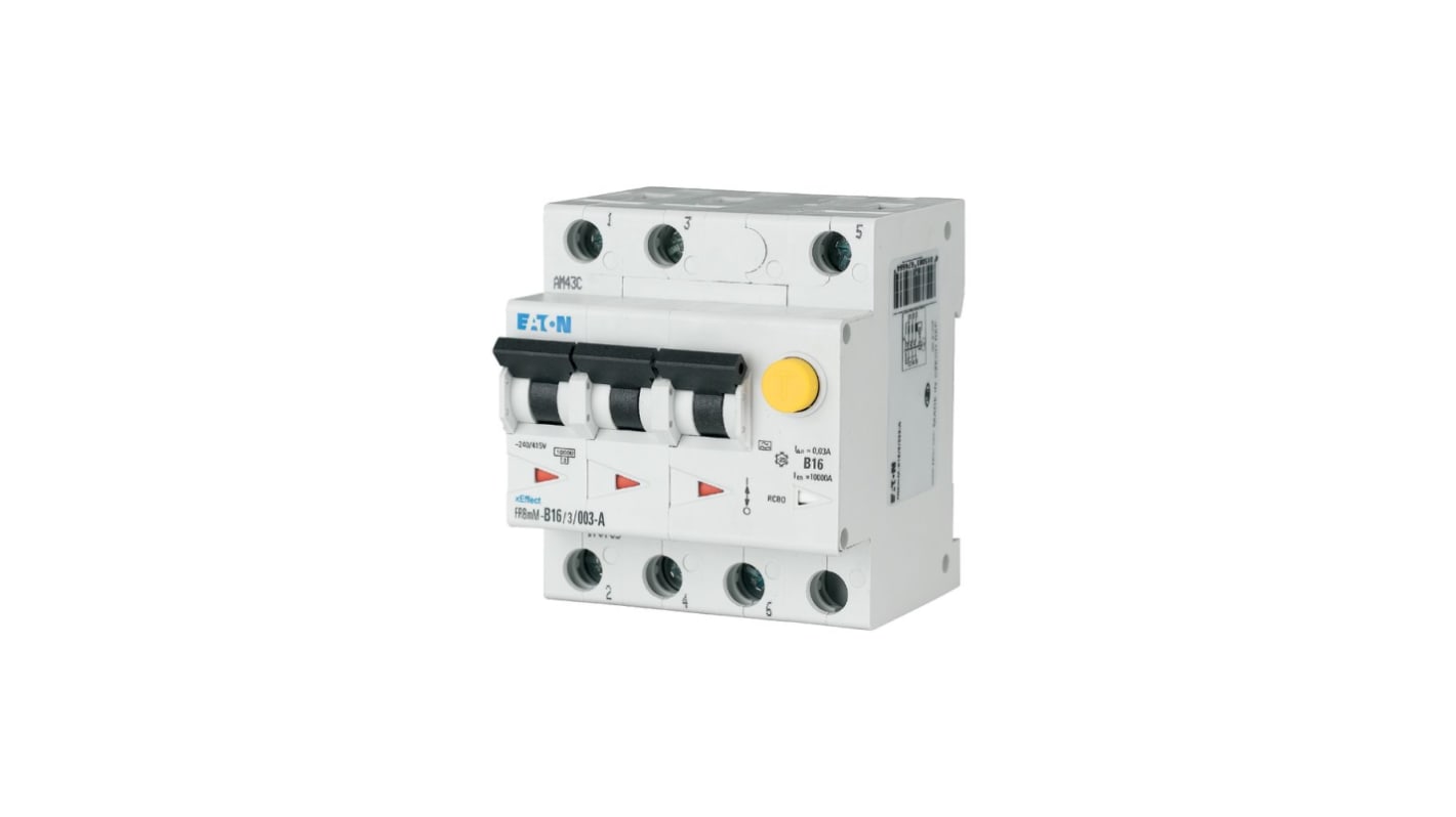Eaton RCBO, 32A Current Rating, 3P Poles, 100mA Trip Sensitivity, Type A, Type C, FRBmM Range