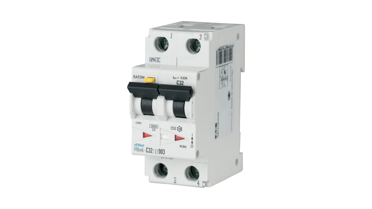 Eaton RCBO, 32A Current Rating, 2P Poles, 30mA Trip Sensitivity, Type A, Type B, FRBm6 Range