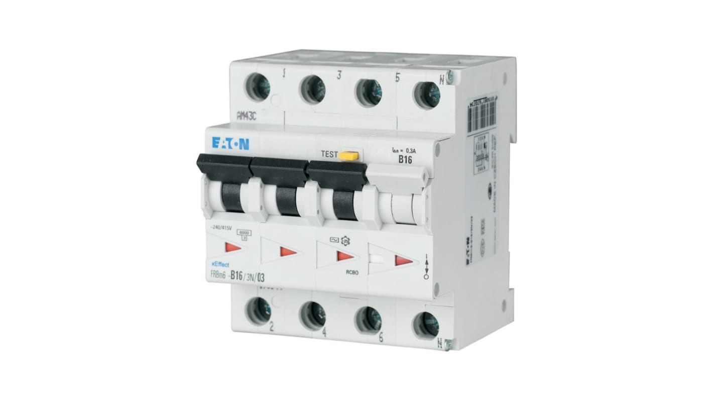 Eaton RCBO, 16A Current Rating, 4P Poles, 300mA Trip Sensitivity, Type A, Type D, FRBm6 Range