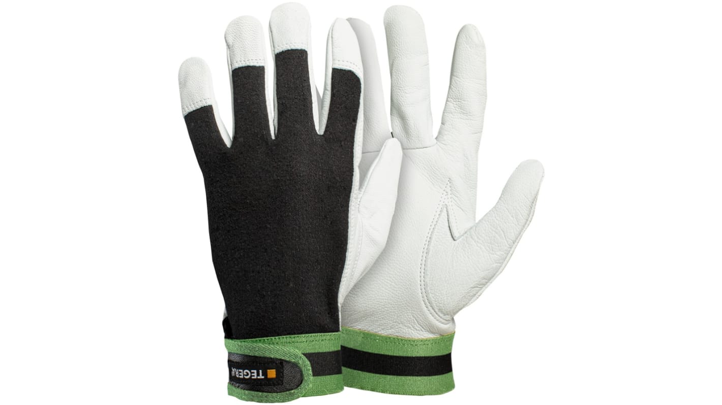 Tegera TEGERA Black, Green, White Leather Dry Environment Work Gloves, Size 7
