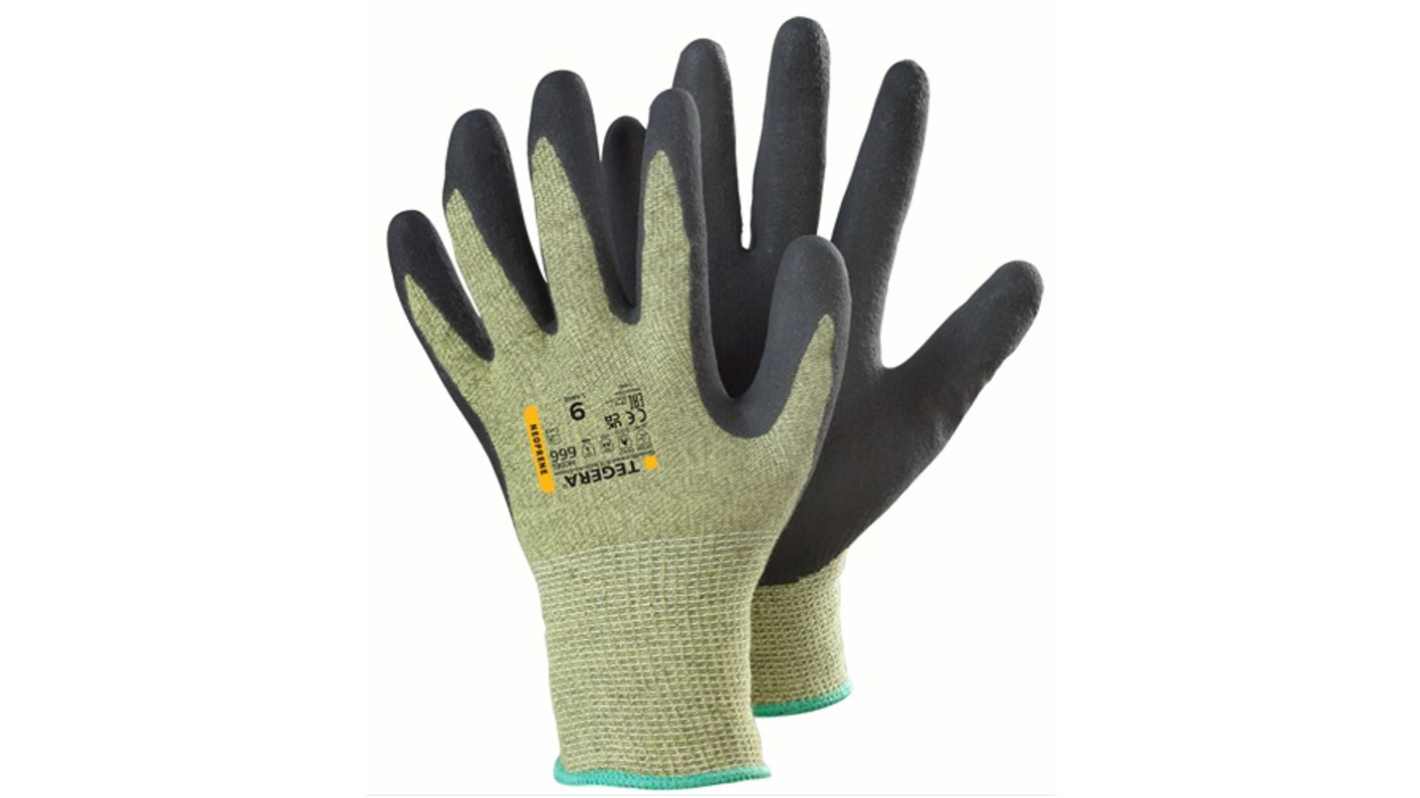 Tegera TEGERA Black, Green Glass Fibre Thread, Para-aramid Cut Resistant Work Gloves, Size 7, Neoprene Coating