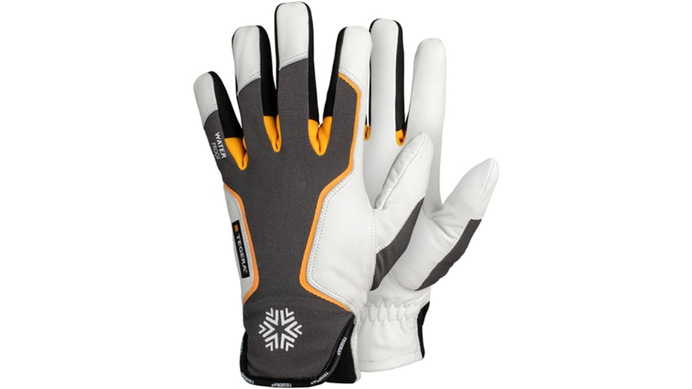 Tegera TEGERA Grey, White Leather Waterproof Work Gloves, Size 9