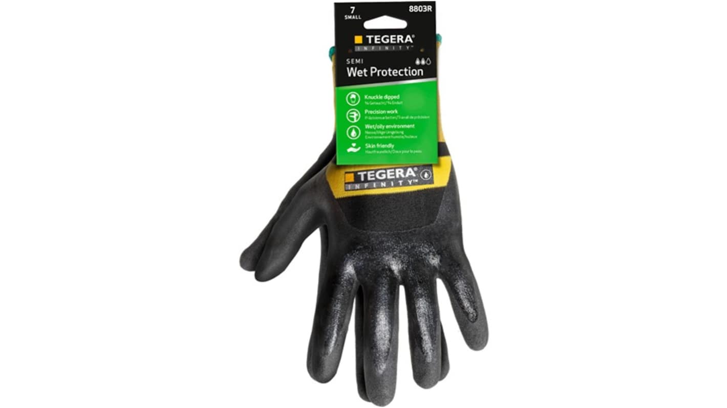 Tegera TEGERA Black, Yellow Nylon Heat Resistant Work Gloves, Size 11, Nitrile, Nitrile Foam, Waterbased PU Coating