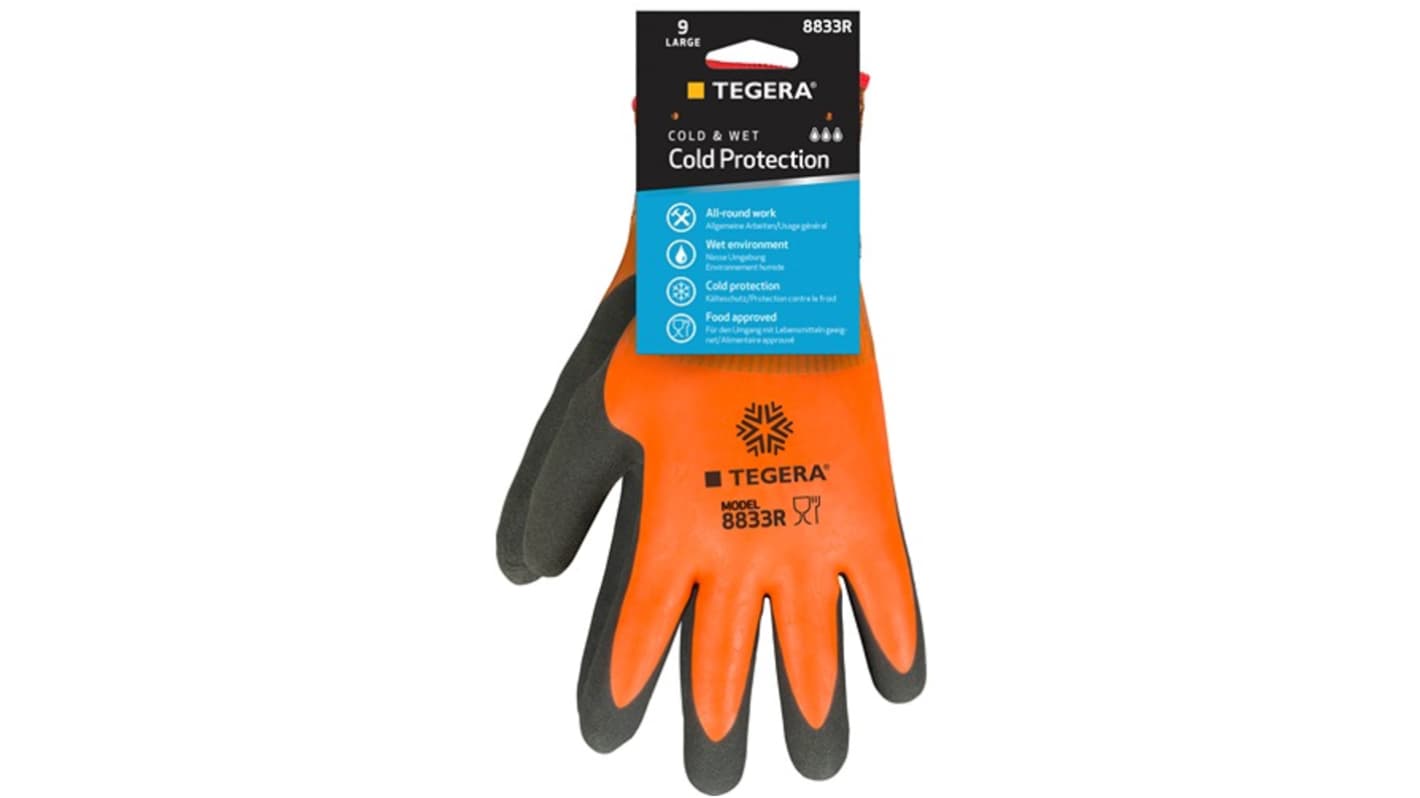 Tegera TEGERA Grey, Orange Acrylic, Polyester (Liner) Cold Resistant Work Gloves, Size 9, Latex Coating