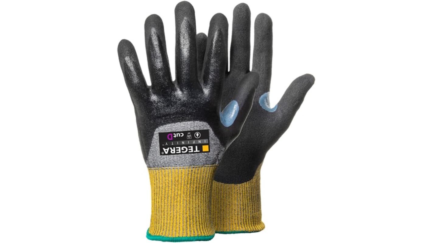 Tegera TEGERA Black, Yellow CRF Technology, Glass Fibre Thread, HPPE, Nylon, Spandex Cut Resistant Work Gloves, Size 6,