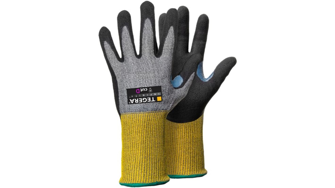 Tegera TEGERA Black, Yellow CRF Technology, Glass Fibre Thread, HPPE, Nylon, Spandex Cut Resistant Work Gloves, Size 5,
