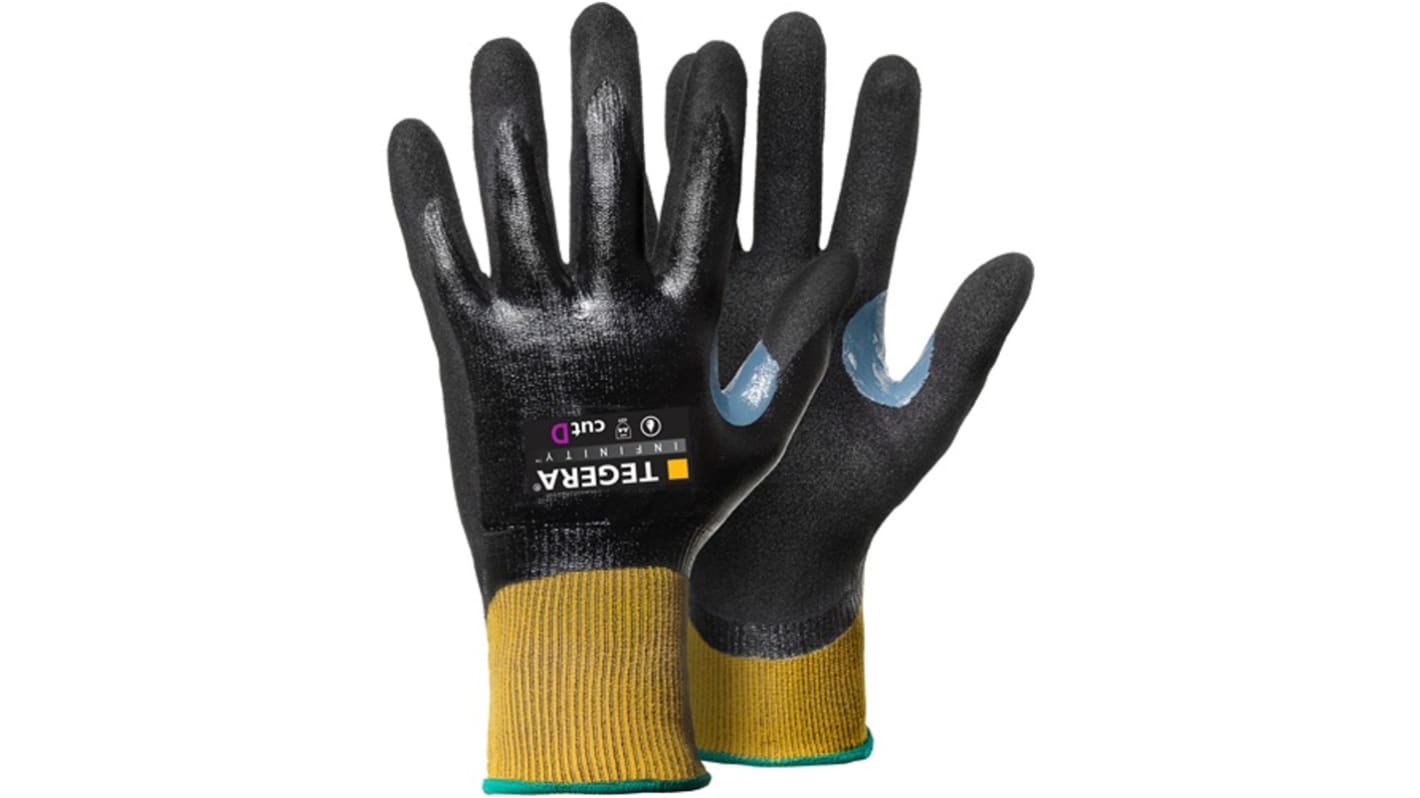 Tegera TEGERA Black, Yellow CRF Technology, Glass Fibre Thread, HPPE, Nylon, Spandex Cut Resistant Work Gloves, Size 9,