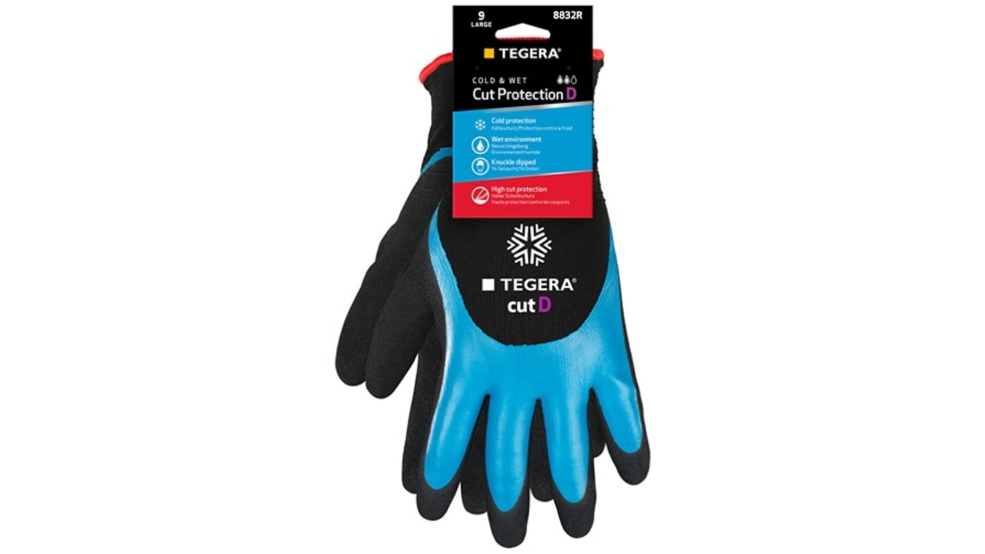 Tegera TEGERA Black, Blue Acrylic, CRF Technology, HPPE, Stainless Steel Fibre Yarn Cold Resistant Work Gloves, Size