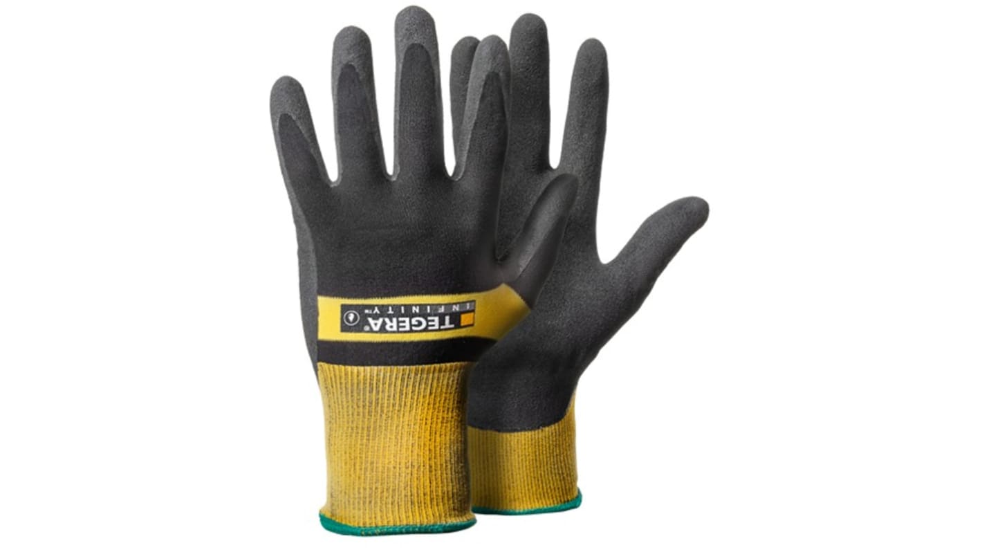 Tegera TEGERA Black, Yellow Nylon Heat Resistant Work Gloves, Size 11, Nitrile, Nitrile Foam, Waterbased PU Coating