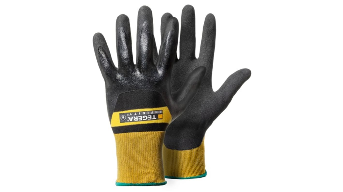 Tegera TEGERA Black, Yellow Nylon Heat Resistant Work Gloves, Size 11, Nitrile, Nitrile Foam, Waterbased PU Coating