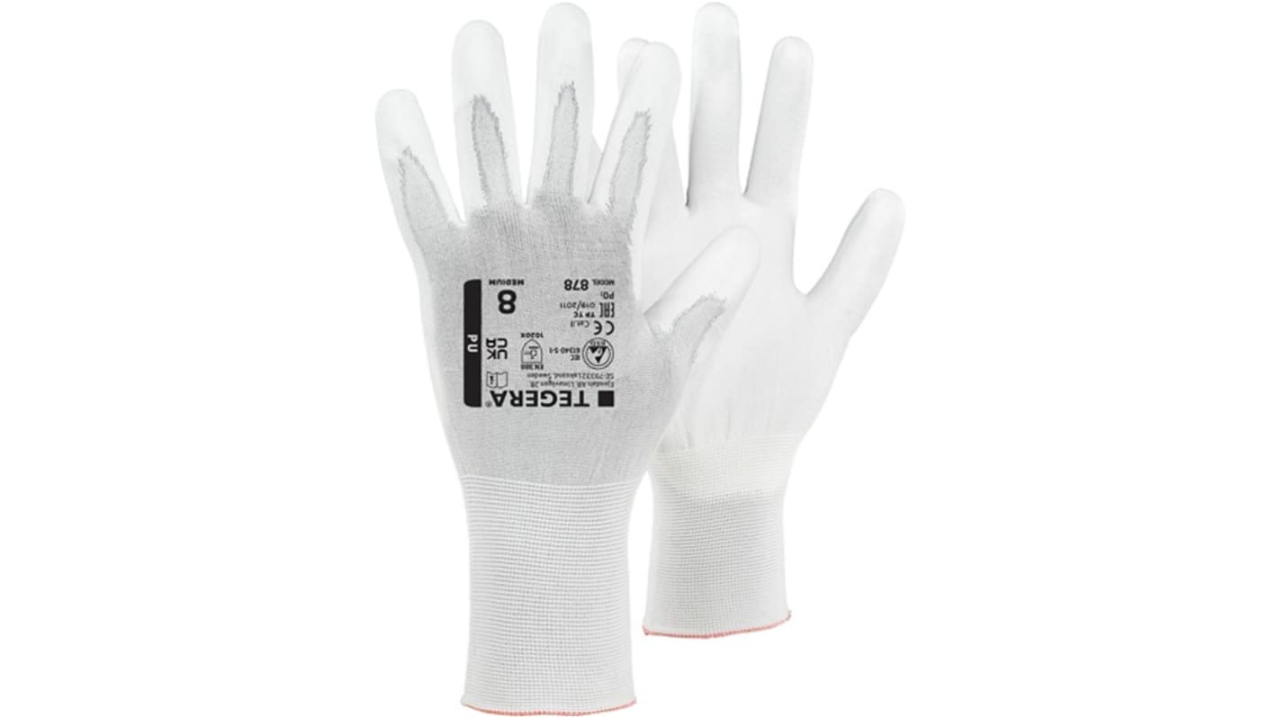 Tegera TEGERA White Nylon ESD Protection Work Gloves, Size 8, Polyurethane Coating