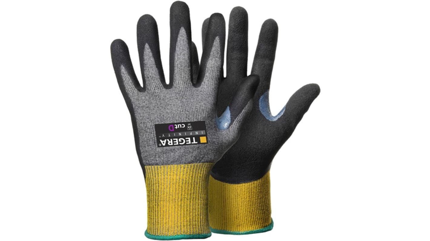 Tegera TEGERA Black, Yellow CRF Technology, Glass Fibre Thread, HPPE, Nylon, Spandex Cut Resistant Work Gloves, Size 8,