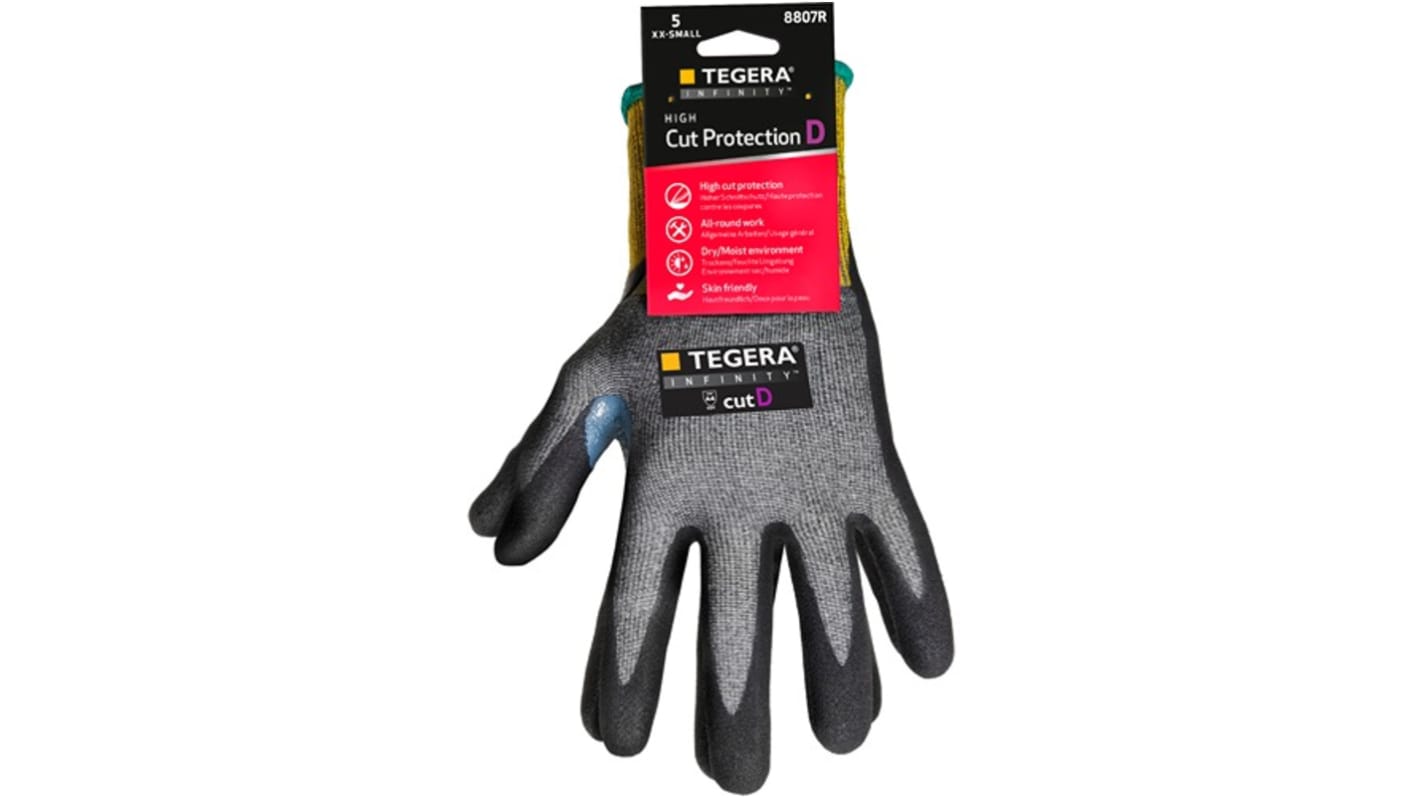 Tegera TEGERA Black, Yellow CRF Technology, Glass Fibre Thread, HPPE, Nylon, Spandex Cut Resistant Work Gloves, Size