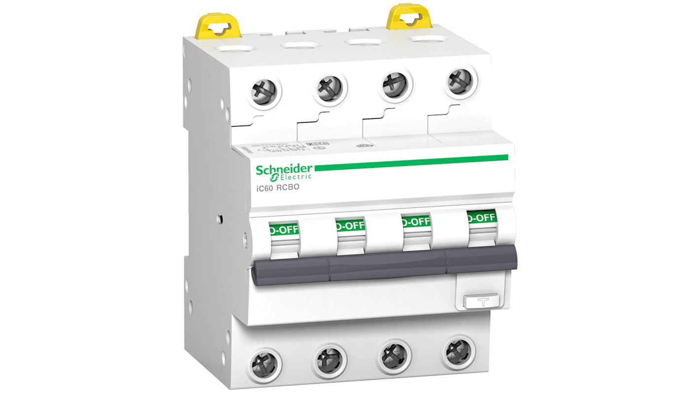 Schneider Electric RCBO, 10A Current Rating, 4P Poles, 30mA Trip Sensitivity, Type C, Acti9 Range