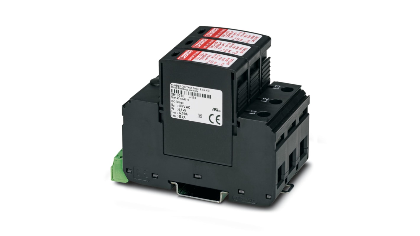 Phoenix Contact 3 Phase Surge Protector, 65kA, 1200V (Volts), DIN Rail Mount