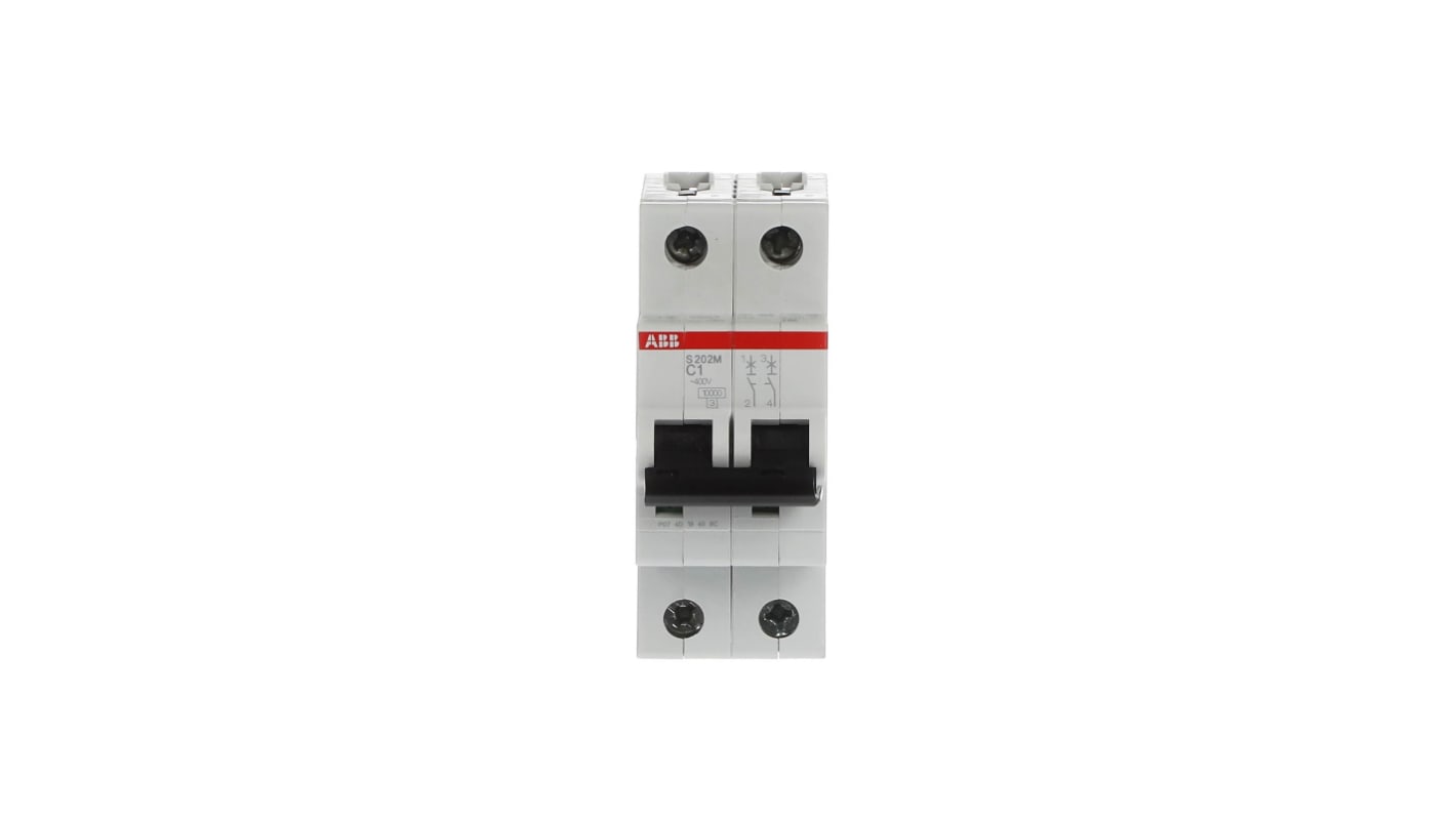 ABB C型MCB, 2极, 10 kA分断, 1A, 440VAC, 125VDC, S200M系列 S202M-C1