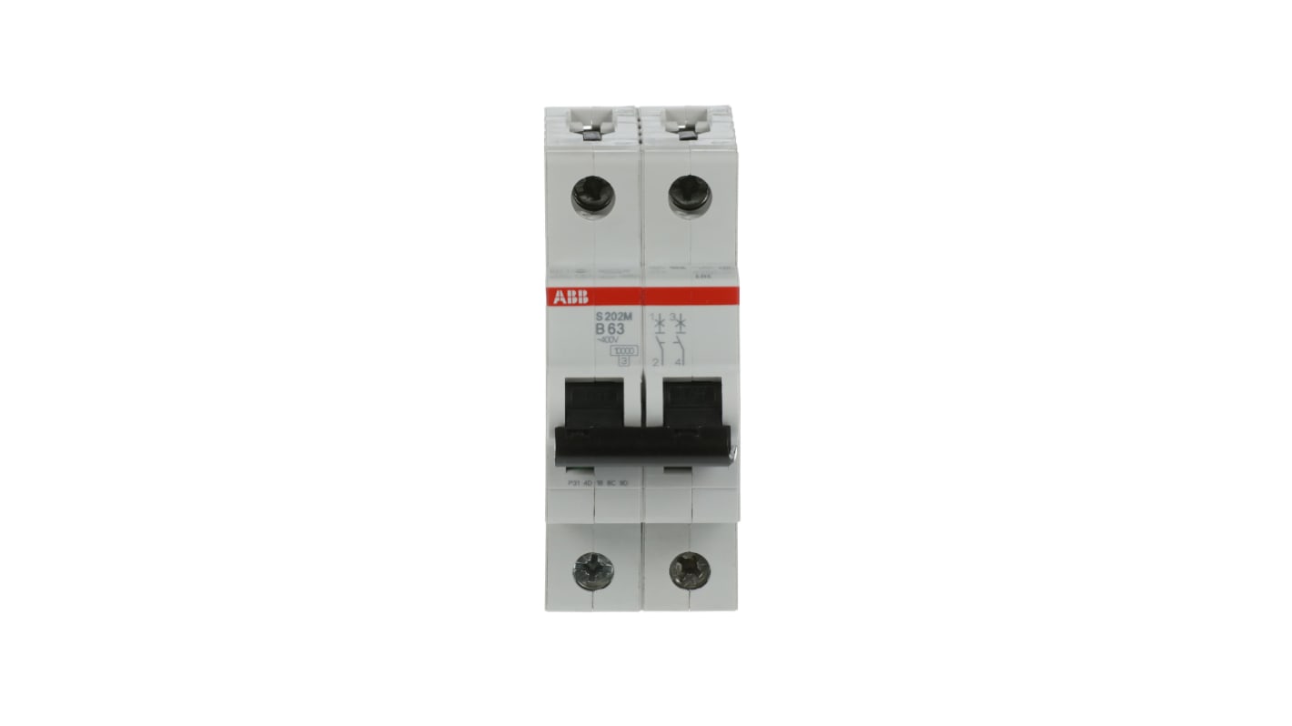 ABB System Pro M Compact S200M MCB, 2P, 63A Curve B, 440V AC, 125V DC, 10 kA Breaking Capacity