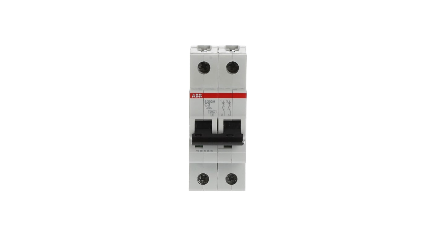 ABB C型MCB, 2极, 10 kA分断, 3A, 440VAC, 125VDC, S200M系列 S202M-C3