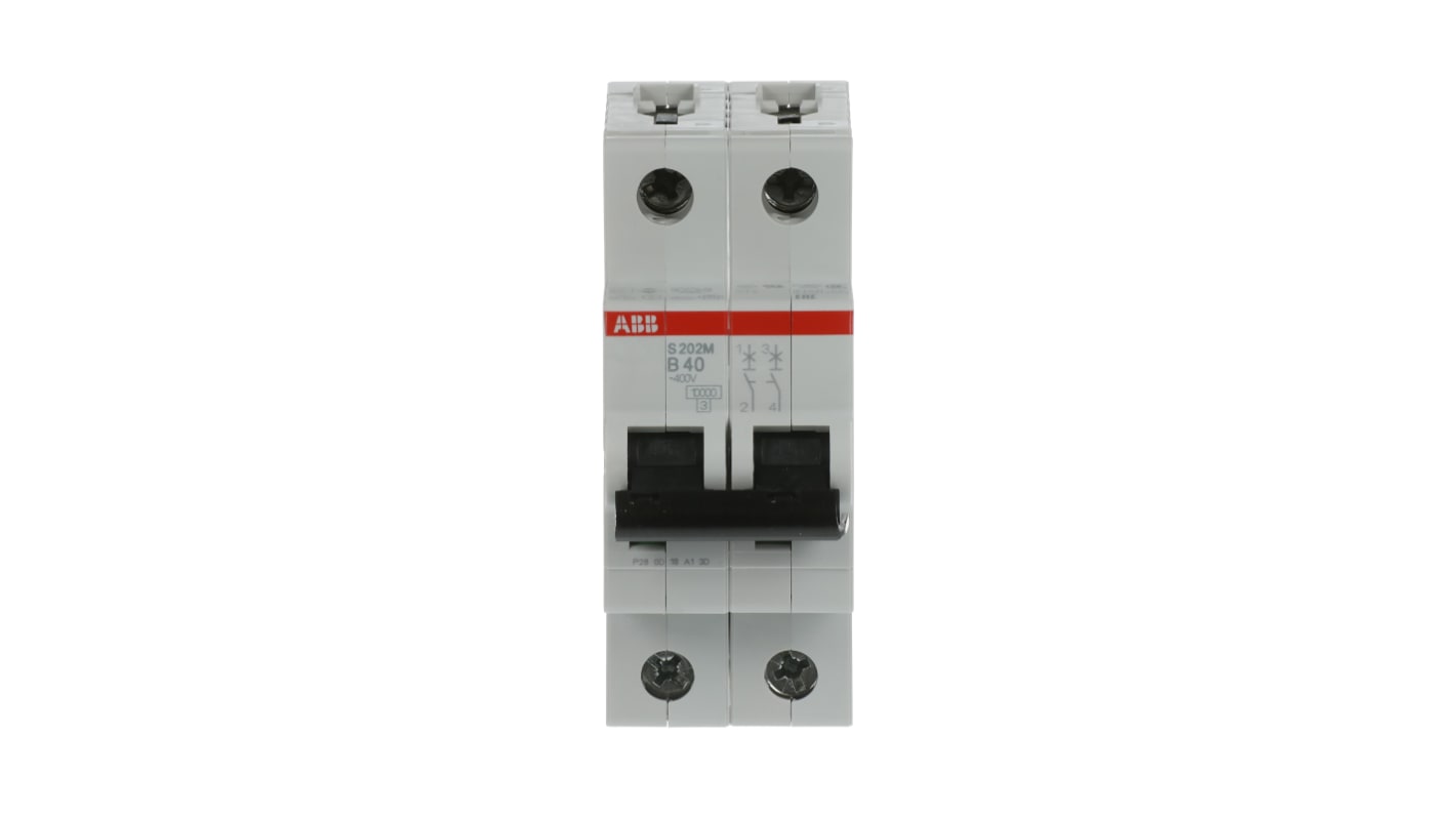 ABB System Pro M Compact S200M MCB, 2P, 40A Curve B, 440V AC, 125V DC, 10 kA Breaking Capacity