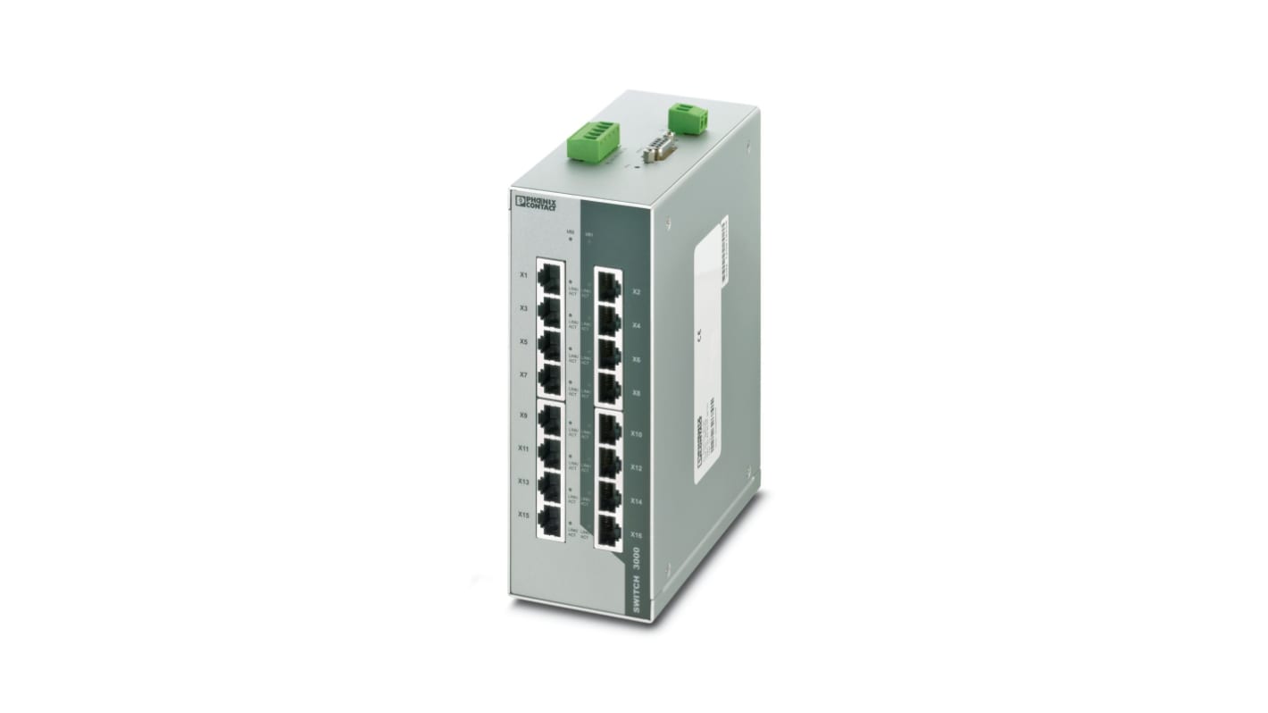 Phoenix Contact FL SWITCH 3016T Series DIN Rail Mount Industrial Ethernet Switch, 16 RJ45 Ports, 10/100Mbit/s
