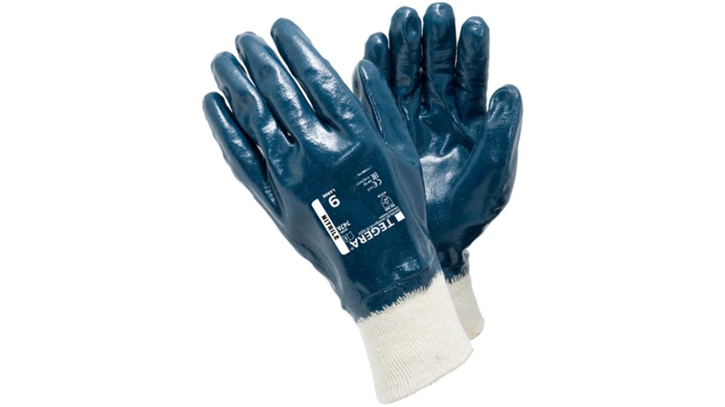 Tegera TEGERA Blue, White Cotton Oil Resistant Work Gloves, Size 9, Nitrile Coating