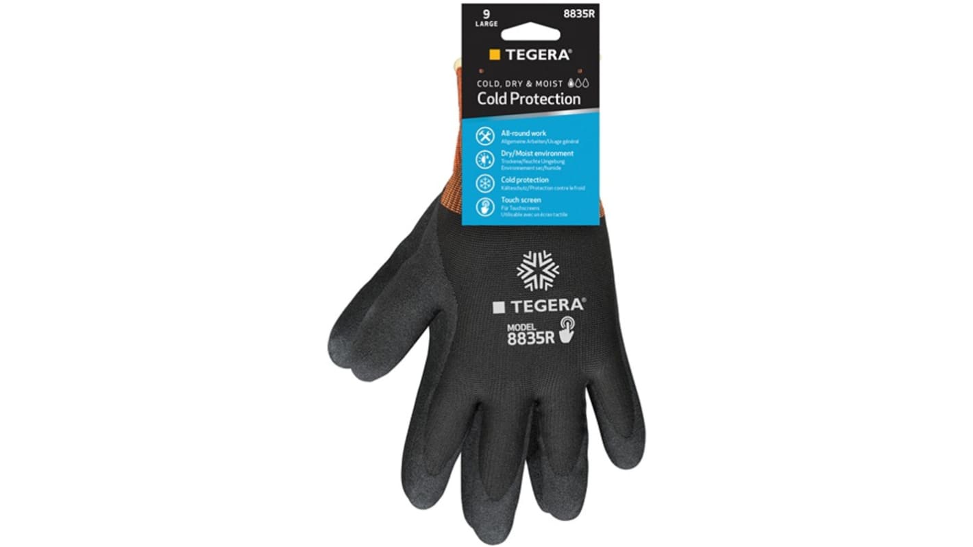 Tegera TEGERA Black, Orange Acrylic, Polyester (Liner) Cold Resistant Work Gloves, Size 6, Nitrile Foam Coating
