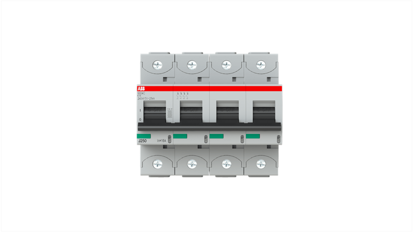 ABB S800S MCB, 4P, 16A Curve K, 240V AC, 50 kA Breaking Capacity