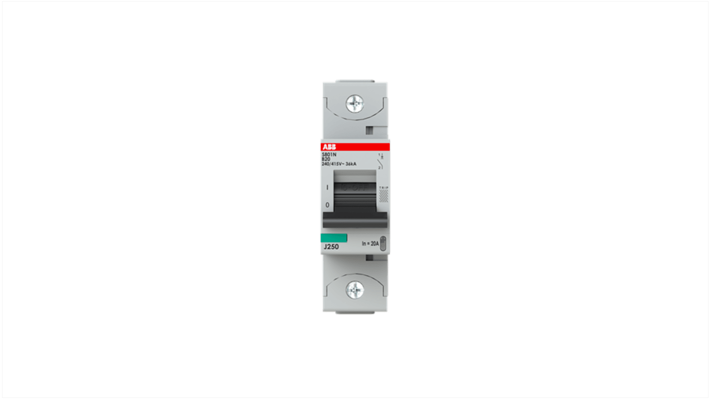 ABB S801N MCB, 1P, 20A Curve B, 400V AC, 36 kA Breaking Capacity