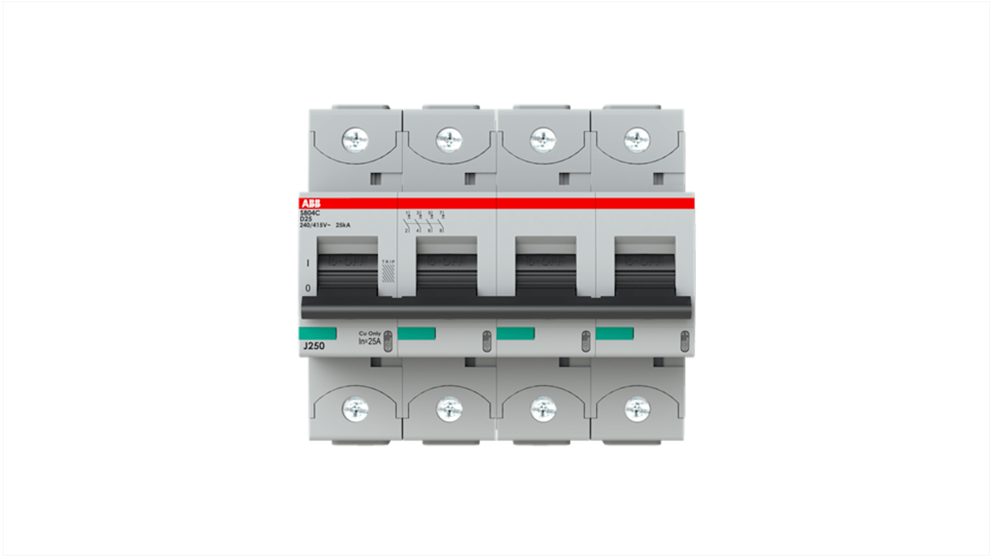 ABB S804C MCB, 4P, 25A Curve D, 415V AC, 25 kA Breaking Capacity