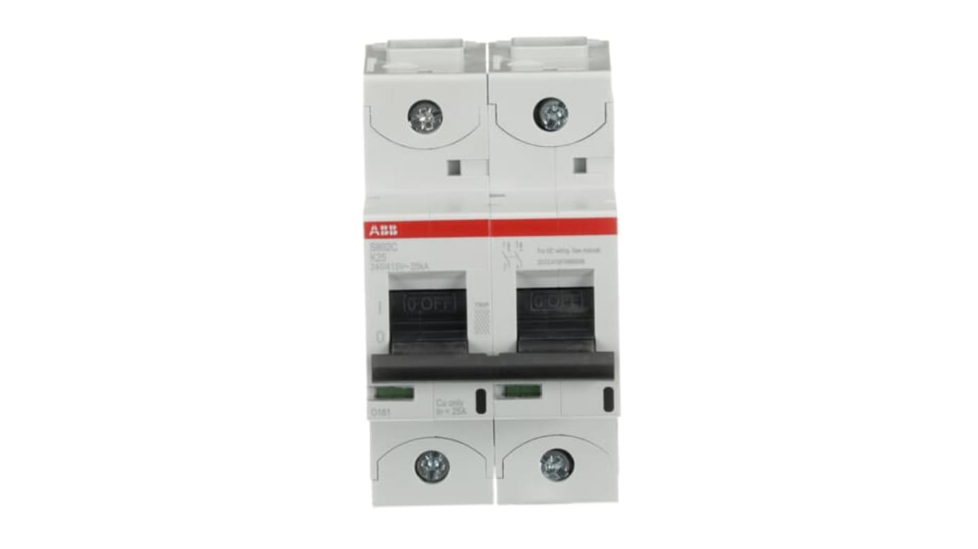 ABB S802C MCB, 2P, 25A Curve K, 415V AC, 25 kA Breaking Capacity