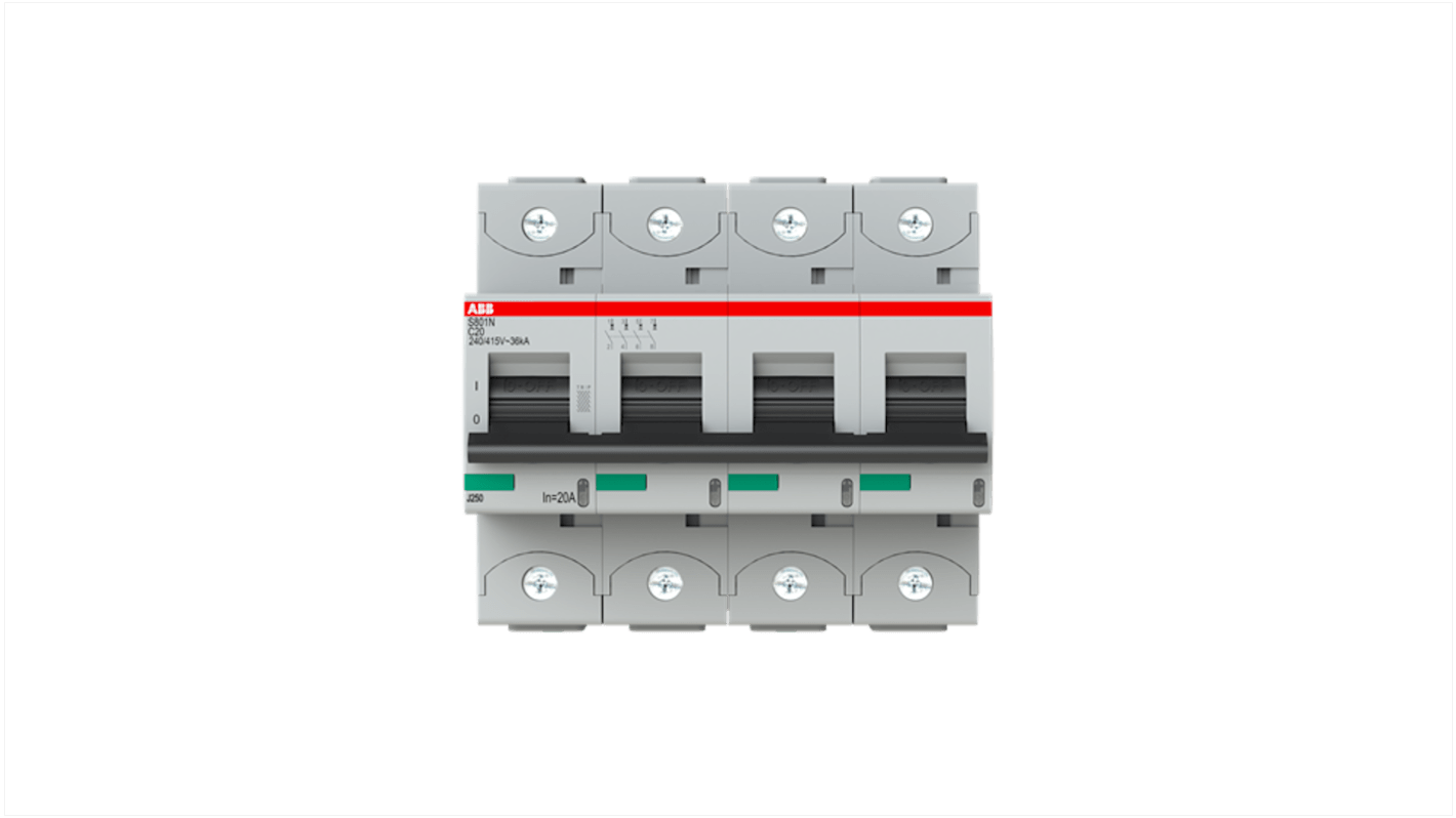 ABB S804N MCB, 4P, 20A Curve C, 690V AC, 36 kA Breaking Capacity