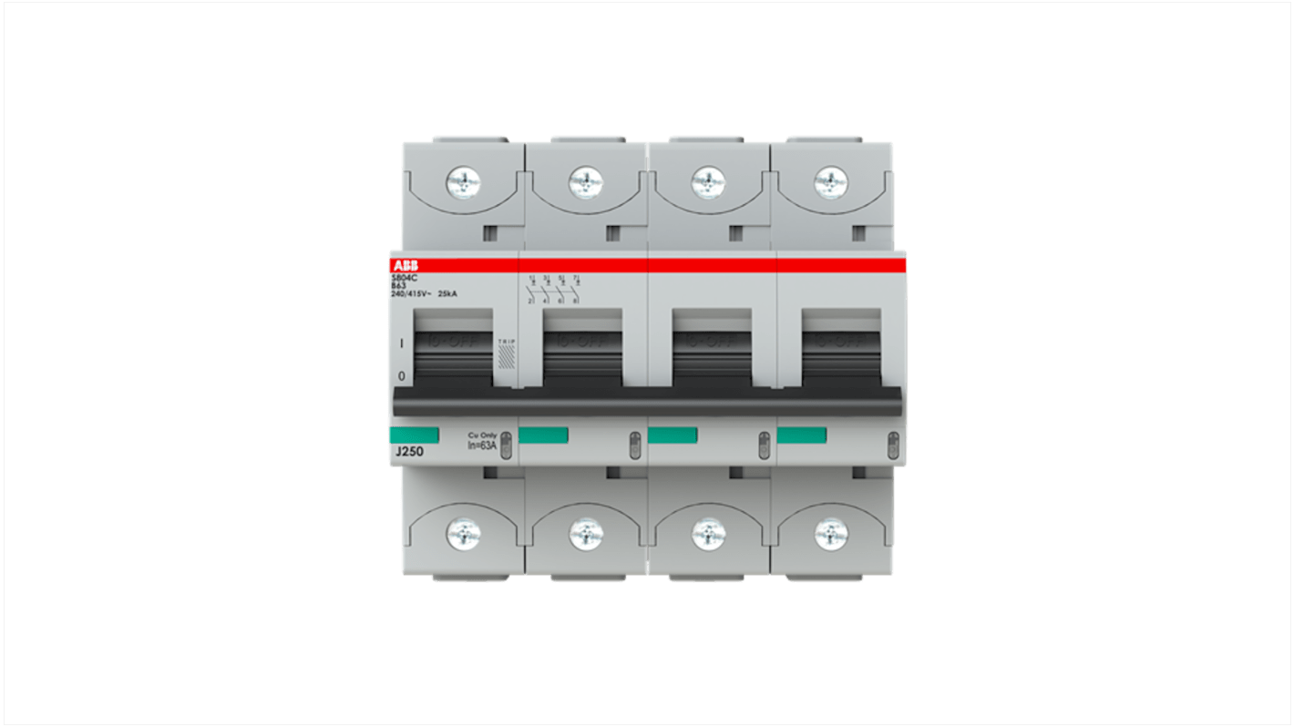 ABB S804C MCB, 4P, 63A Curve B, 415V AC, 25 kA Breaking Capacity
