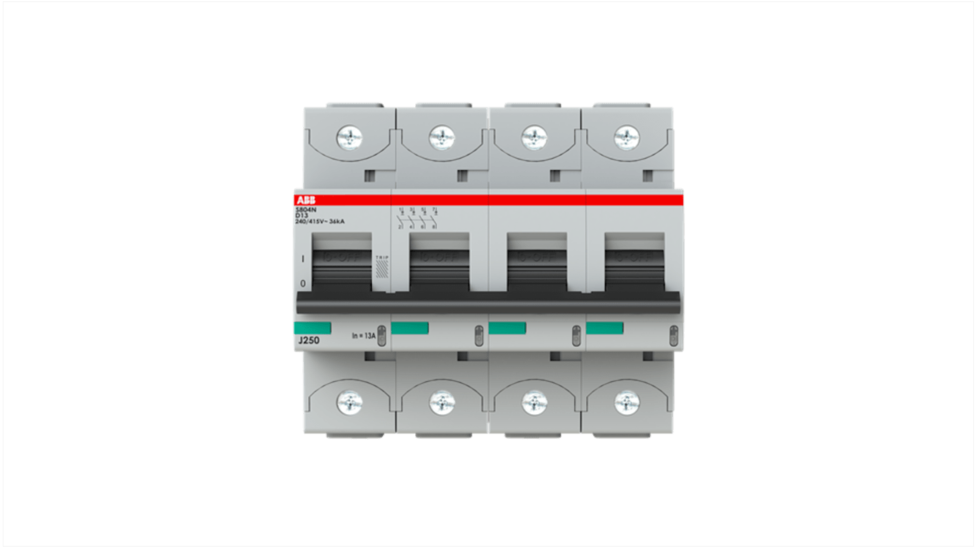 ABB S804N MCB, 4P, 6A Curve D, 690V AC, 36 kA Breaking Capacity