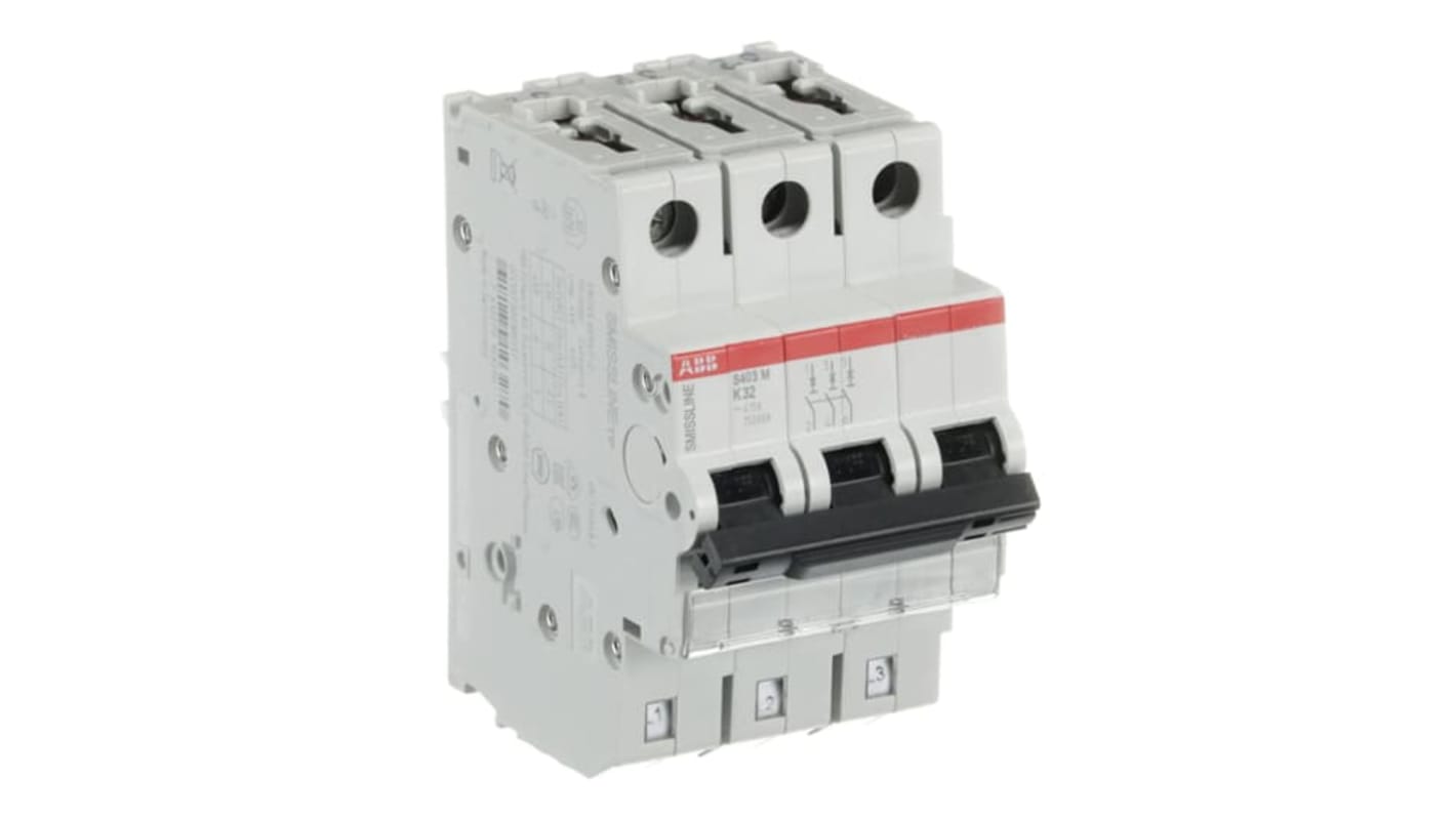 ABB S403M MCB, 3P, 32A Curve K, 440V AC, 12V DC, 15 kA Breaking Capacity